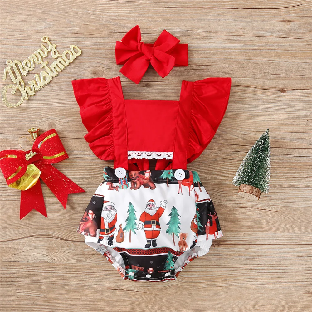 

Baby Girl Christmas Santa Claus Printed Bodysuit Headband 0-24M Newborn Infant Toddler Ruffled Backless Romper Festival Costume