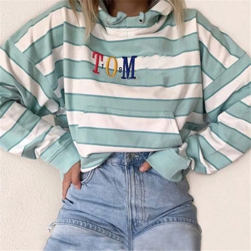 

2020 new letter embroidery loose striped kangaroo pocket hoodie Sweatshirts fashion casual High street wn*