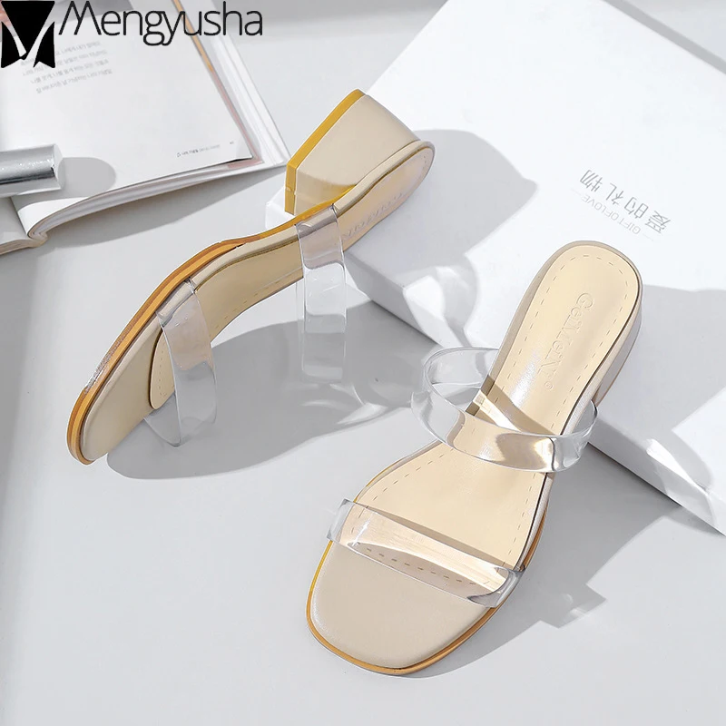 Прозрачные тапочки с 2 ремешками Летняя женская обувь удобные шлепанцы