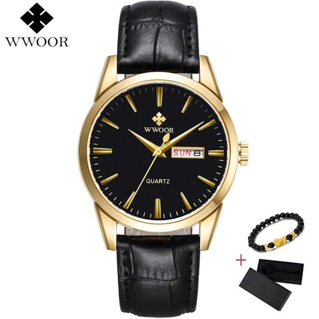 Gold Black Роскошные мужские часы с датой на день, мужские кожаные спортивные часы, мужские повседневные кварцевые наручные часы WWOOR, часы в бесплатной коробке - Цвет: Gold Black