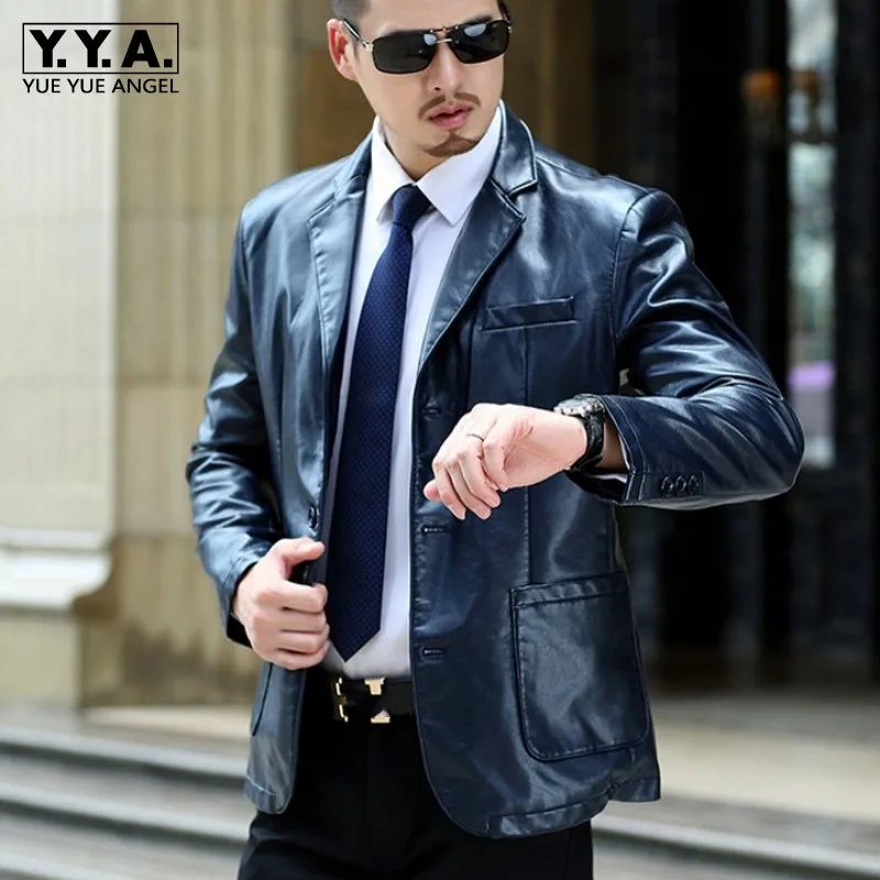 Мужской пиджак из искусственной кожи деловой с отворотом и воротником размера