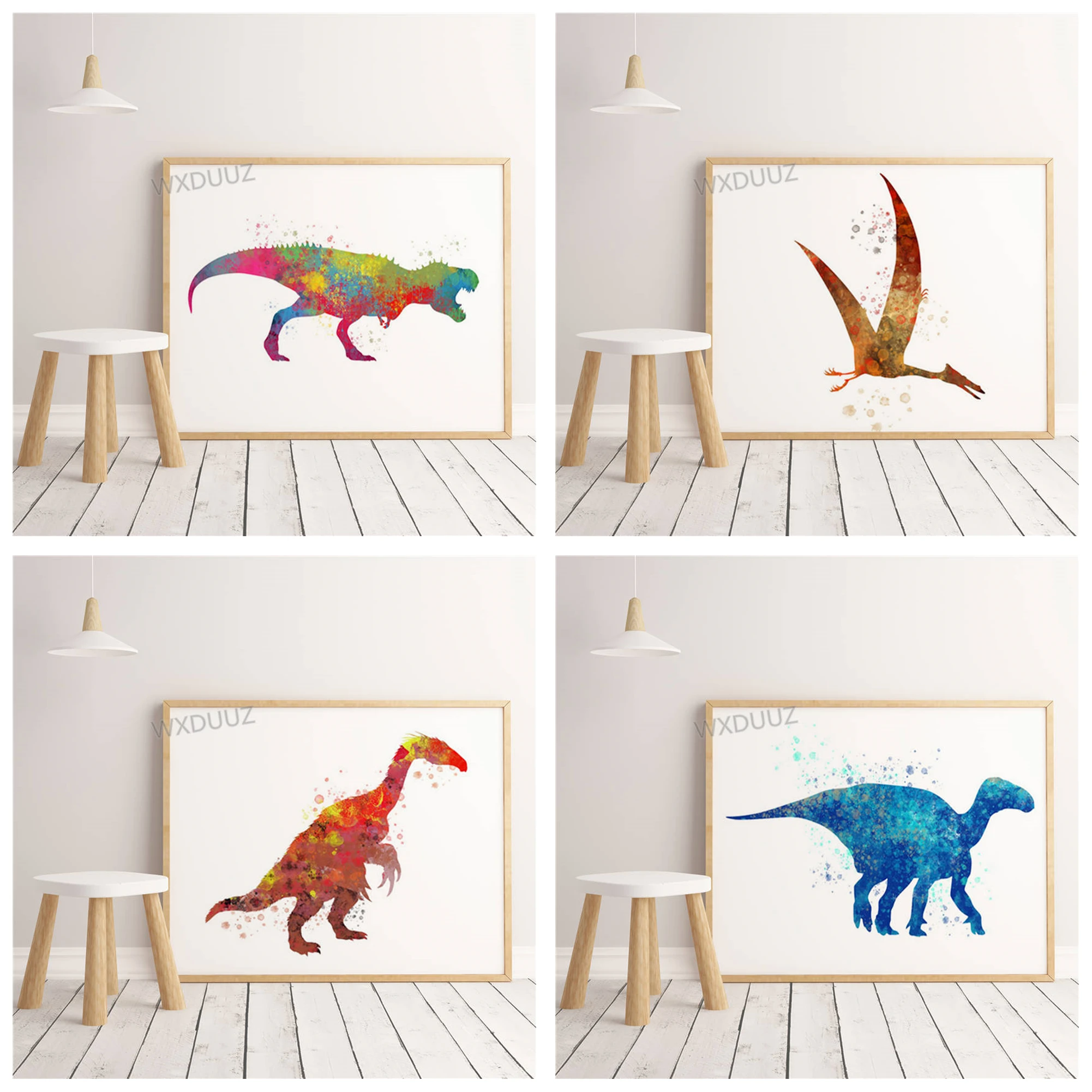 Постер в скандинавском стиле с акварельными рисунками динозавров животных