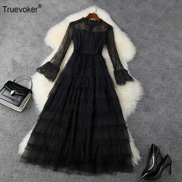 

Women High Street Fashion Lace Ruffle Cake Prom Dress Lady Pure Black Midi Long Festa Vestidos