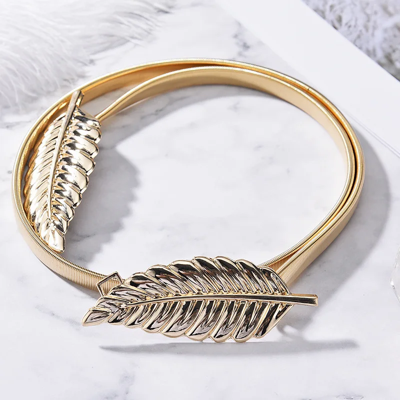 

Women's Belt Fashion Elastic Waist Chain Belt Metal Golden Leaf Buckle Waist Strap Thin Belts For Women Dress Coat Accessories