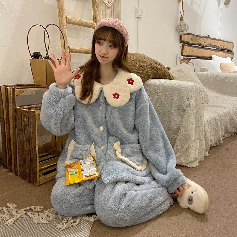 Пижама женская зимняя Новинка милый кардиган в Корейском стиле пижама свободная