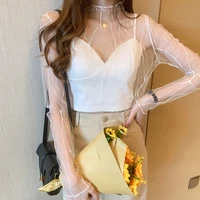 2021 women summer korean mesh t shirts for female girls black white beige tops sexy lace see through casual mesh pattern tops