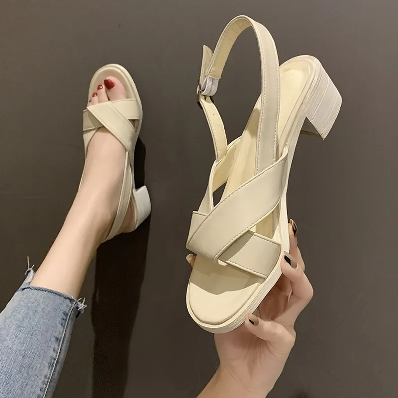 

Босоножки женские однотонные на высоком каблуке, Модные Простые сандалии в римском стиле, с пряжкой, в стиле ретро, лето