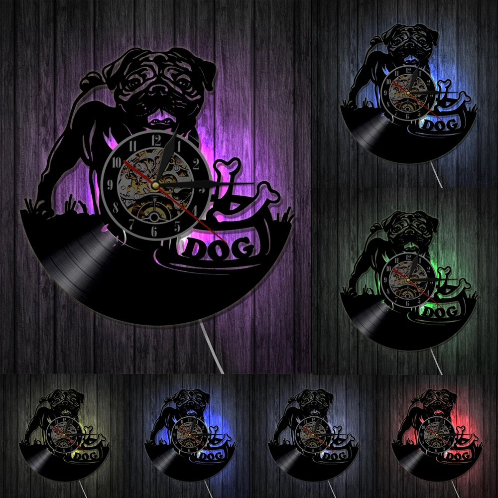 Настенные виниловые 3d часы с изображением английского бульдога мопса