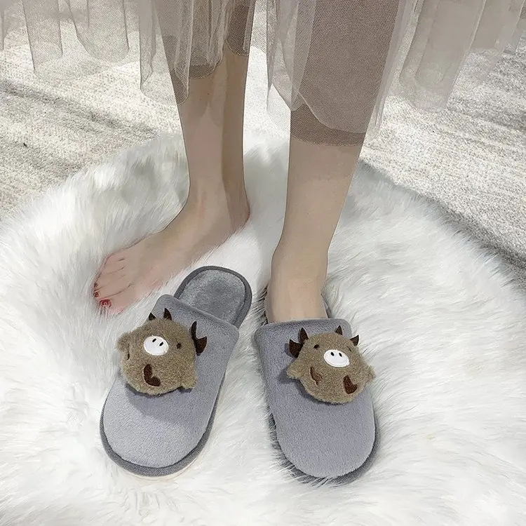 New Home Cute Cow Cotton Slippers Ladies Autumn and Winter Comfortable Slippers Furry Slippers Women Fashion Women's Shoes