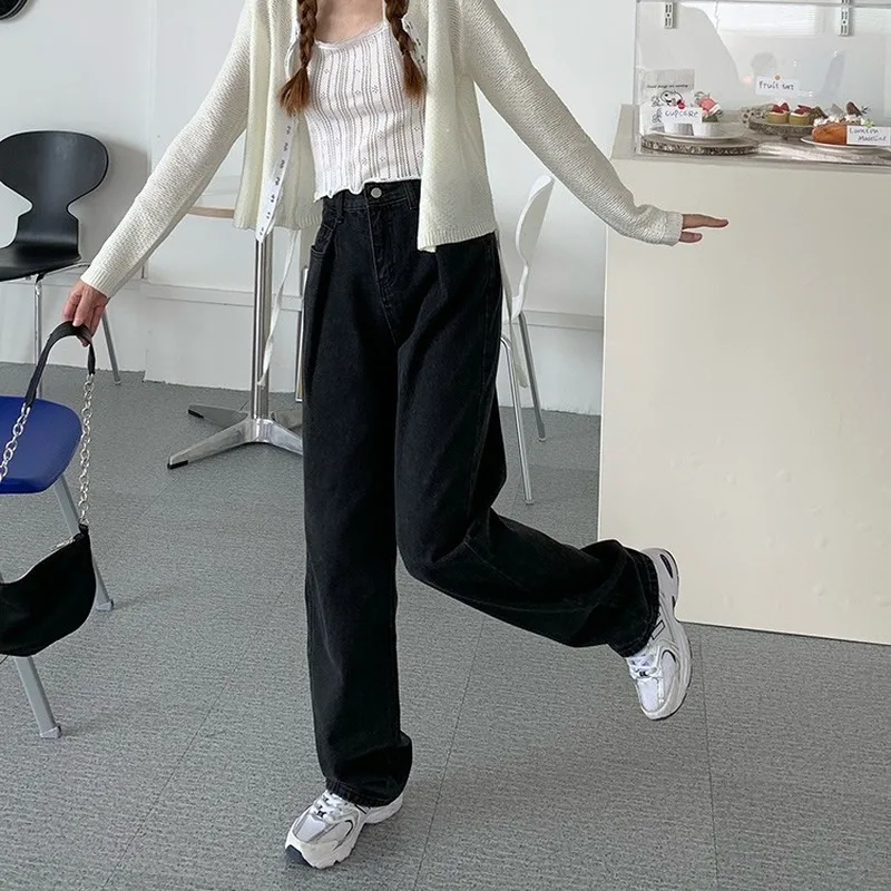 

2021 New Fashionable High Waist Women Jeans Black Oversized Straight Trousers Women Autumn Wide Legs Denim Pants Women