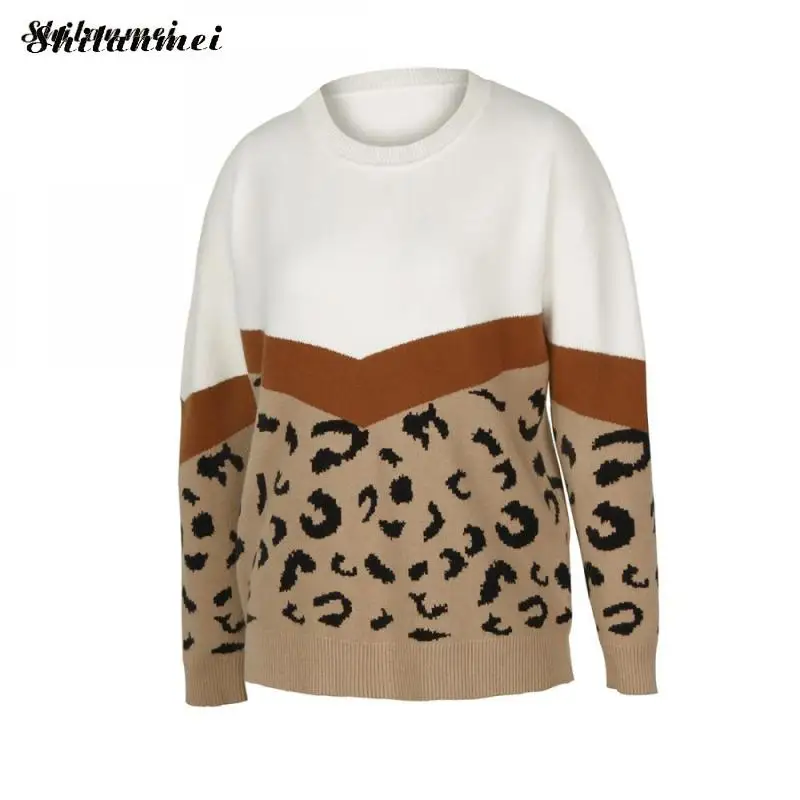 

Autumn Winter Women Sweater Patchwork Leopard Print Long Sleee Female Pullovers Casual Fashion Knitted Sweaters Lady Jumper Tops