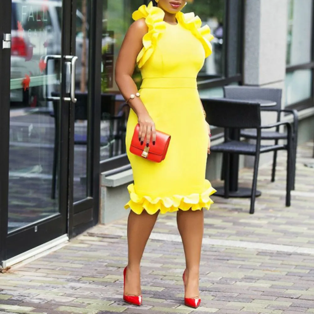 

2021 Fashion Western Style Oversize Women's Dress Temperament Casual High Waist Solid Color Lotus Sleeve Round Neck