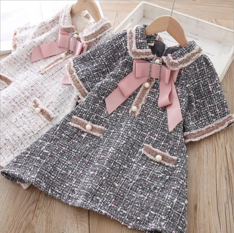 Брендовое платье для девочек Осень-зима 2019 детское клетчатое с бантом и