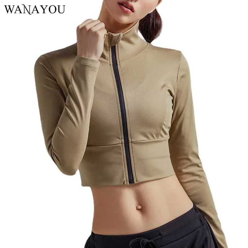 

WANAYOU Zipper Yoga Shirt Women Sexy Tight-fit Sports Top Casual Long Sleeve Crop Tops Soild Color Quick Dry Fitness Workout Top