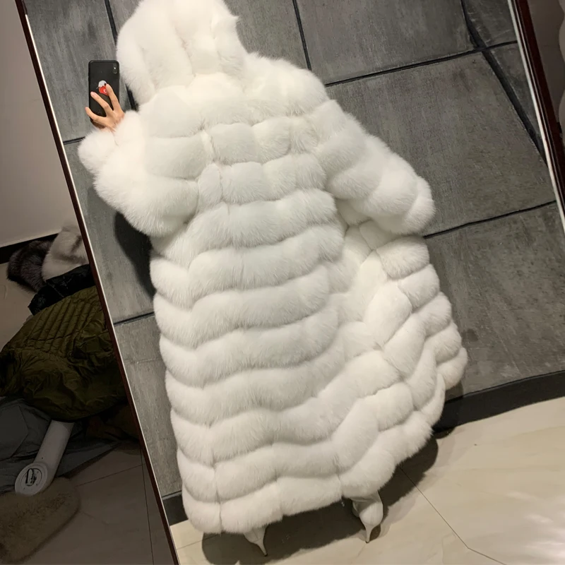 

ladies natural fox hooded real long sleeve women fur coat X-long