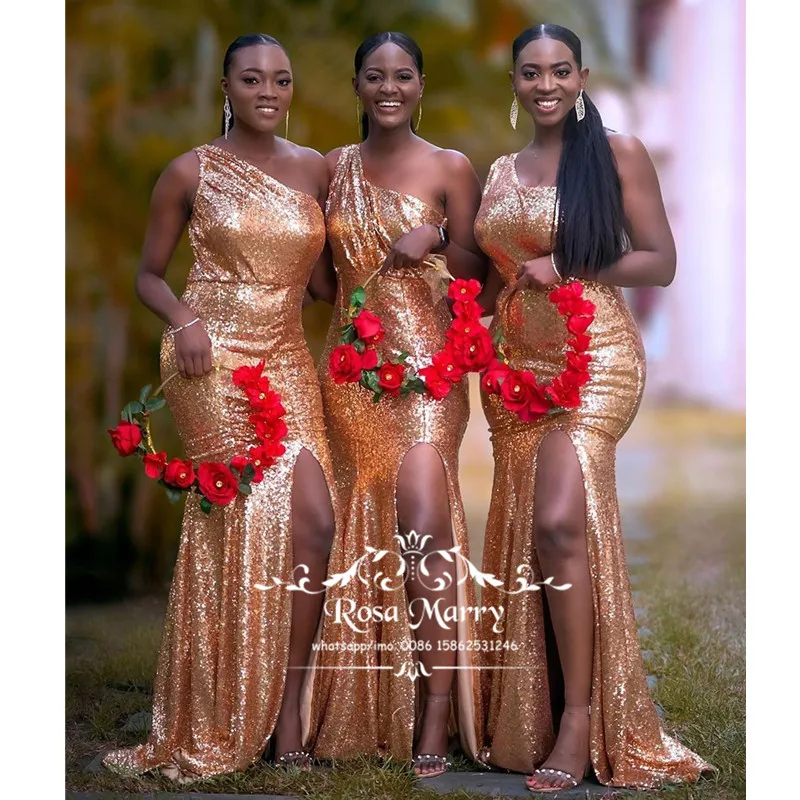 

Gold Sequined Mermaid African Bridesmaids Dresses 2020 One Shoulder High Split Country Beach Wedding Guest Gowns Maid Of Honors