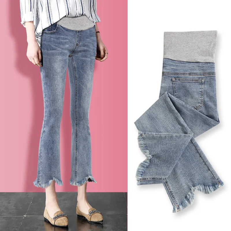 Джинсы для беременных с высокой талией тонкие брюки из денима широкими штанинами