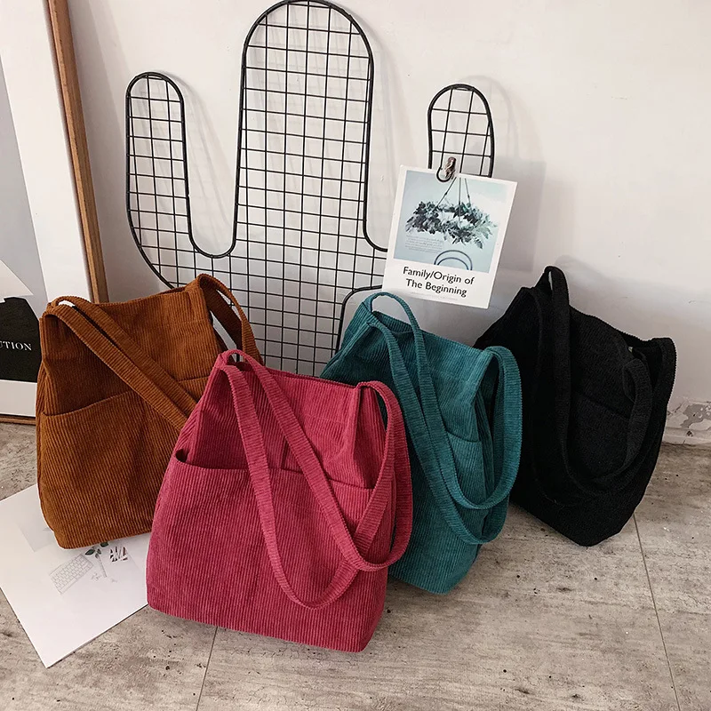 

Women's Tote Bag Corduroy Shoulder Bags 2021 Girl Shopper Fashion Casual Korean Style Solid Color Large Capacity Student Handbag