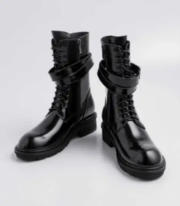 black bright leather Krazing pot/брендовая зимняя обувь из натуральной коровьей кожи; мотоботы на среднем каблуке; Роскошные элегантные сапоги до середины икры с круглым носком для зрелых женщин; l29 - Цвет: black bright leather