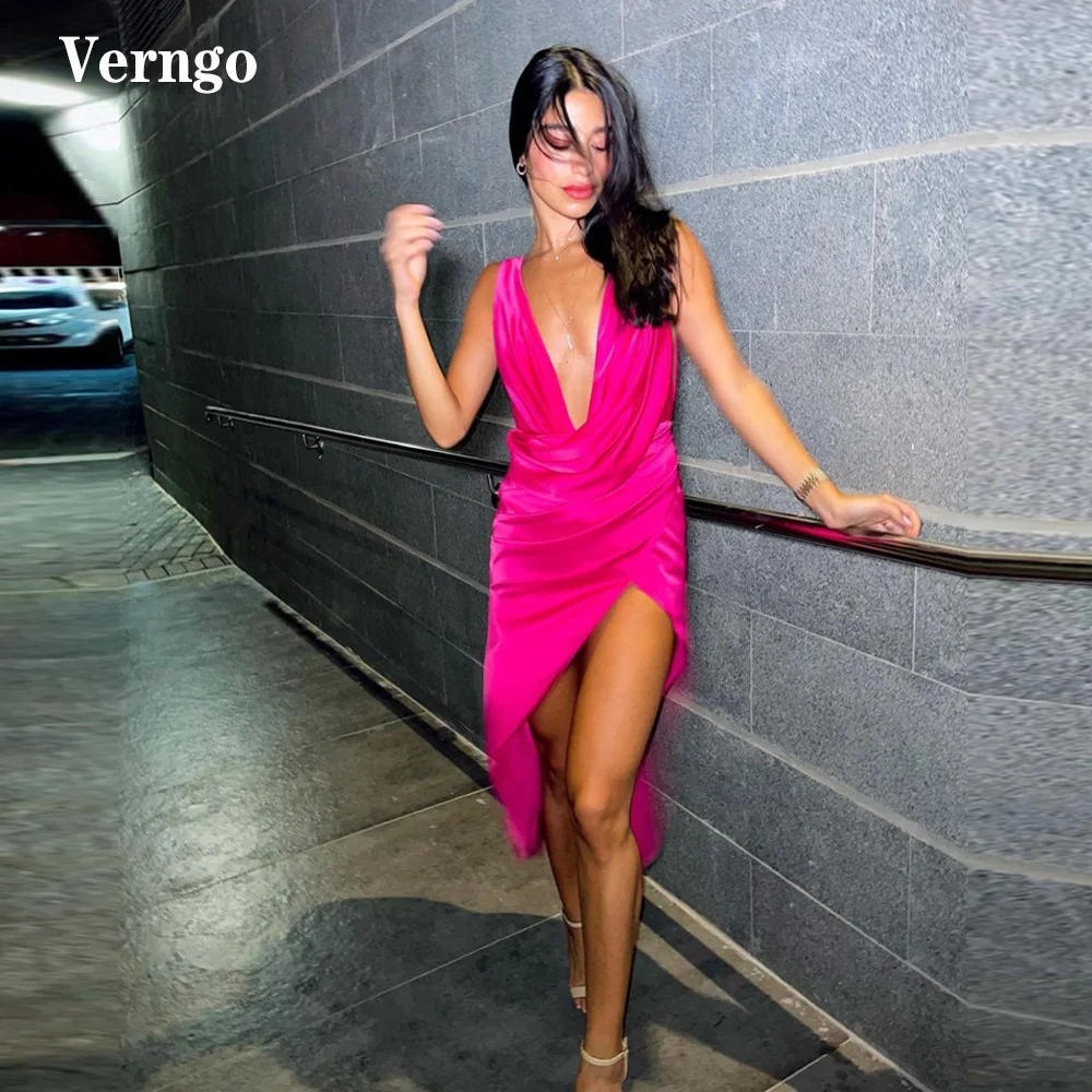 Атласное коктейльное платье Verngo из яркого шелка фуксии сексуальные платья до