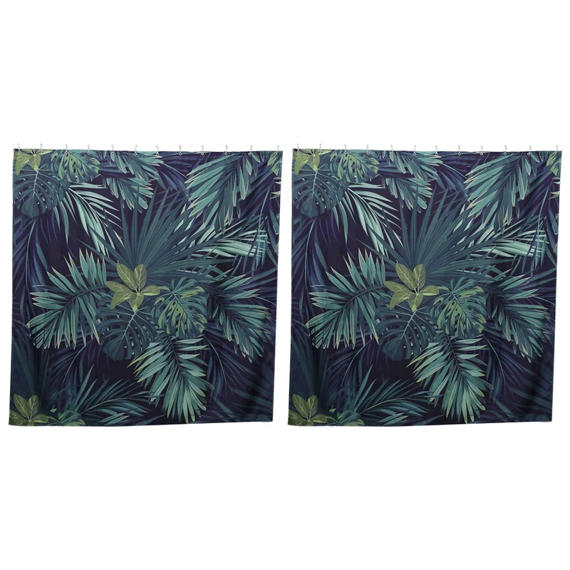 

2X Green Shower Curtain Leaves Printing Pattern Modern Natural Plant Pattern Polyester Bathroom Waterproof Curtains