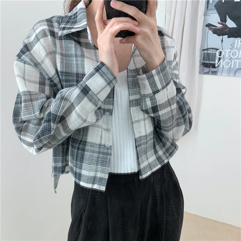 

COIGARSAM Full Sleeve Shirt Womens tops New Plaid Women shirts Black 344
