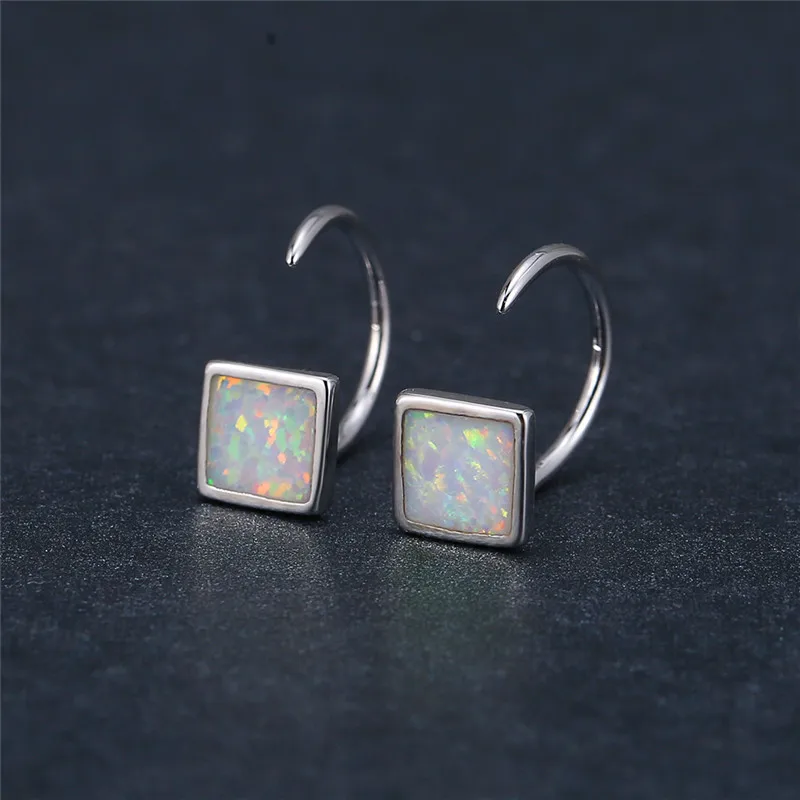 

Trendy Female Blue Opal Stone Earrings Dainty Square Small Hoop Earrings For Women Cute Bridal Silver Color Wedding Earrings