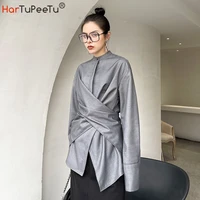 long blouse women autumn 2021 new boyfriend loose irregular japan style tops oversize back button tunic solid plain shirt