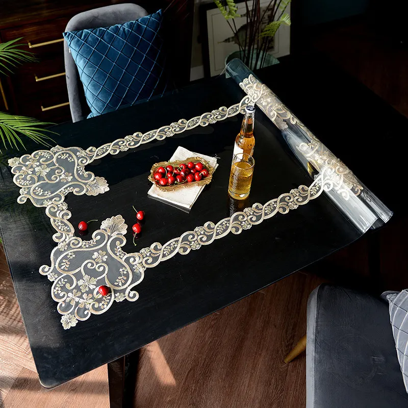 

Прозрачная скатерть, водонепроницаемая ПВХ прямоугольная кружевная Роскошная фотообложка, праздвечерние чный Настольный коврик, Промасле...