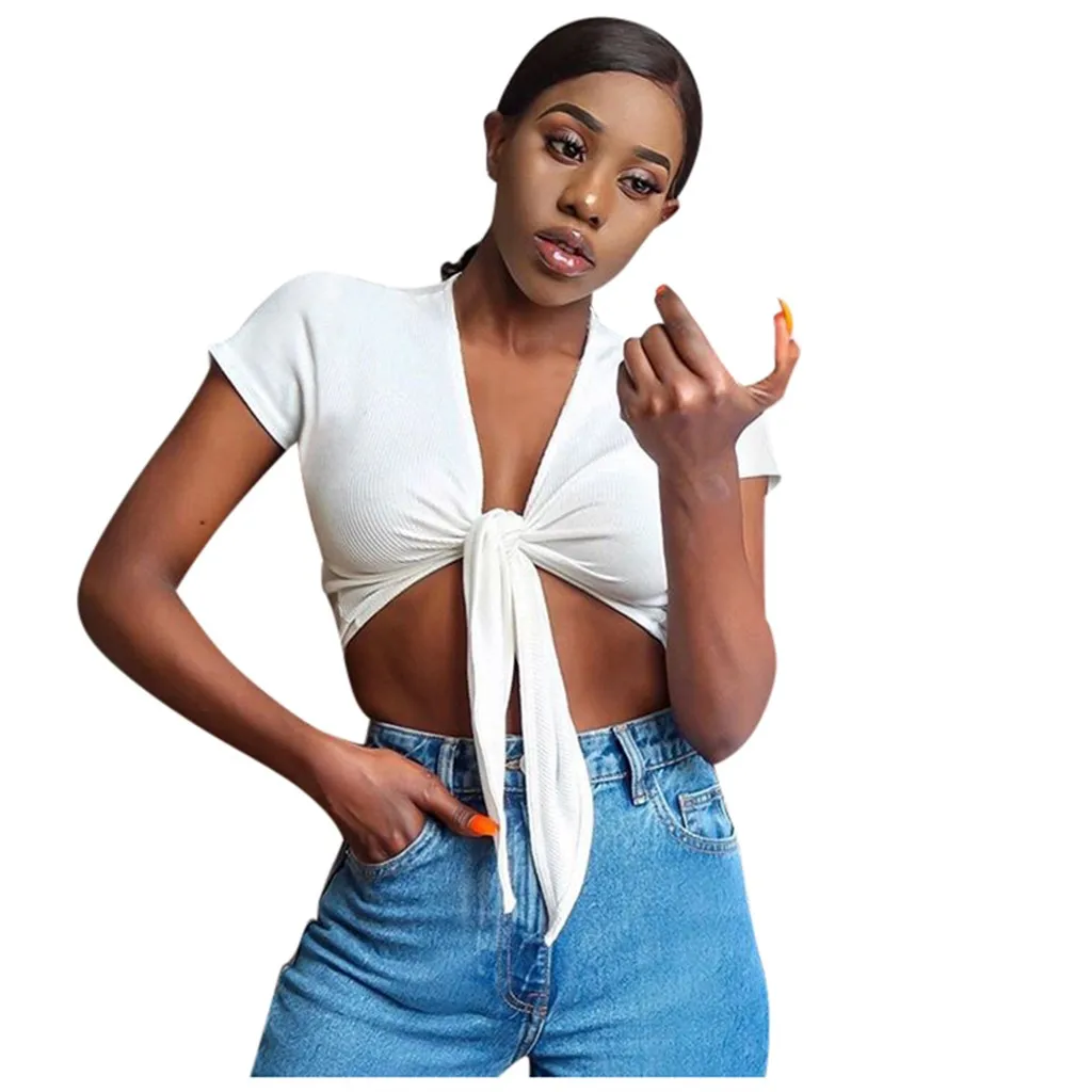 Женская футболка в стиле Харадзюку короткий топ с глубоким v образным вырезом и