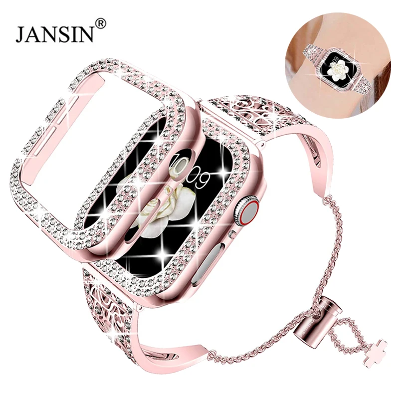 

Women Diamond Band For Apple Watch 42mm 38mm Strap With Bling Watch Case Bracelet For Apple watch 40mm 44mm SE Serise 6 5 4 3 2