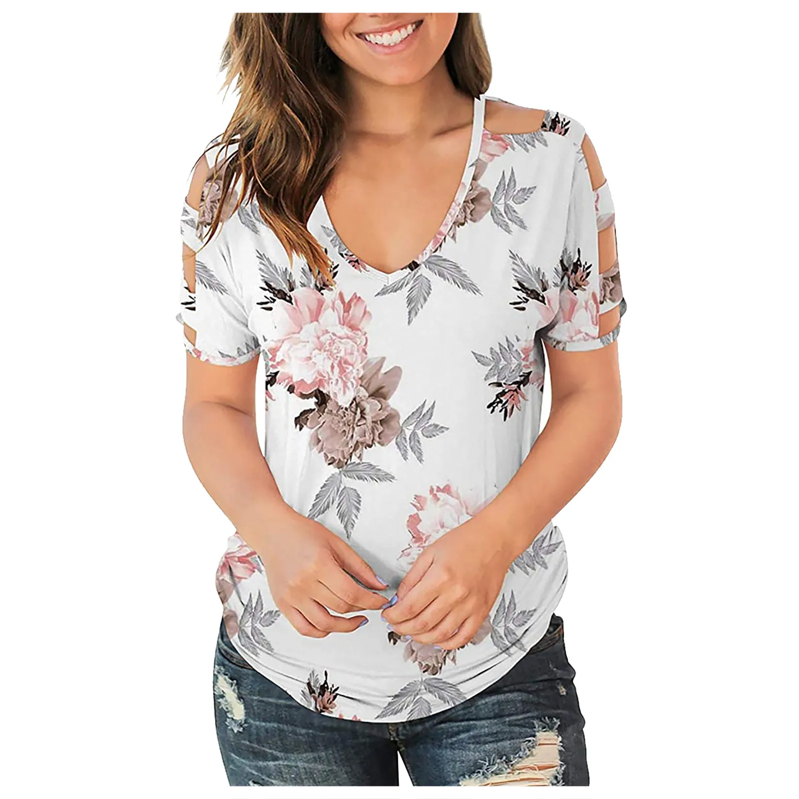 Летняя женская рубашка с цветочным принтом топ коротким рукавом и открытыми