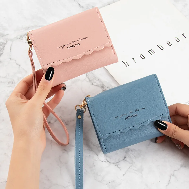 

Korean Version Women's Wallet Wristband Print Card Holder Short Three-Fold Female Money Bag Student Cute PU Leather Clutch