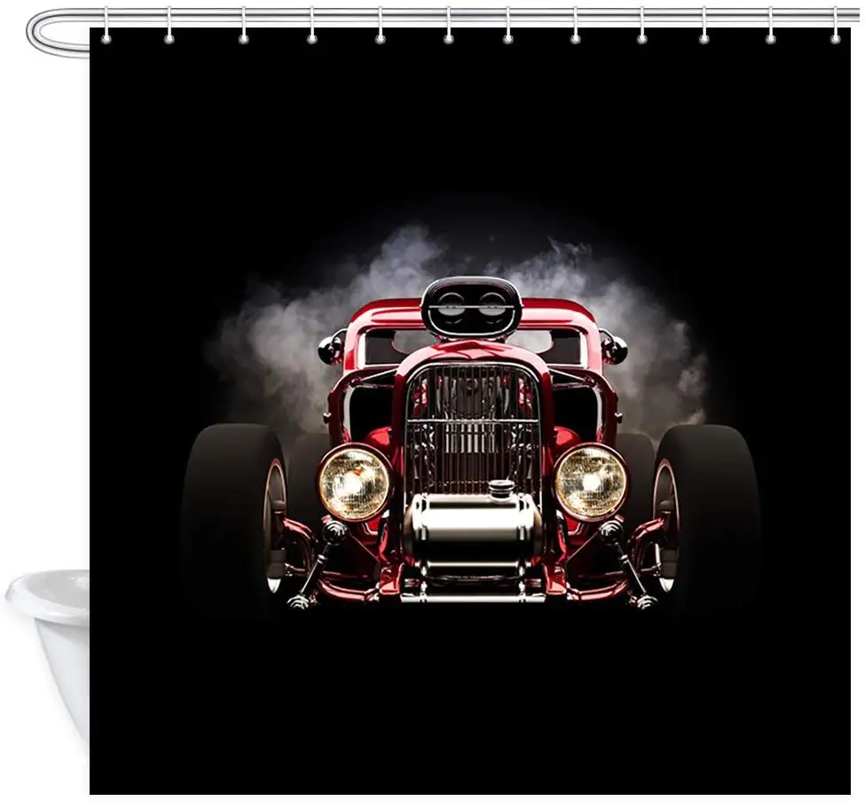 Vintage American Hot Rod Roadster with Smoke Background Race Fabric Shower Curtain