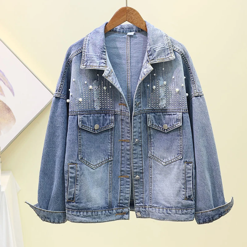 2020 Сезон весна осень Модные стразы повседневные джинсы куртка Женские винтажные