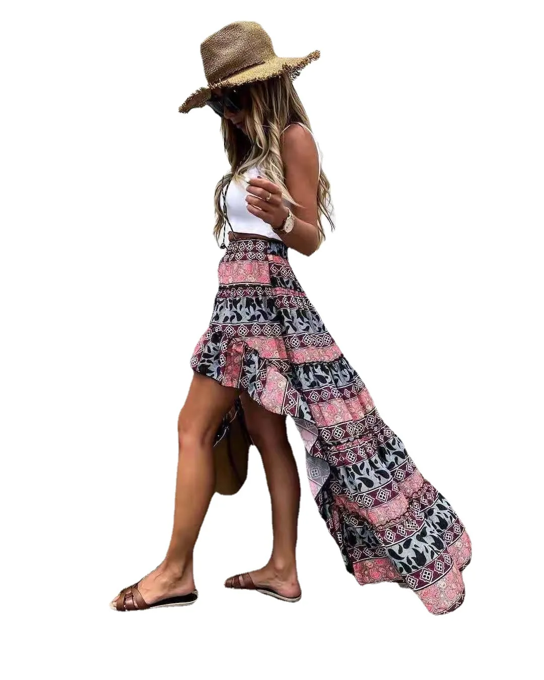 

Bohemian Asymmetrical Women Long Skirt Summer Beach Style Floral Printed High Waist Casual Skirt