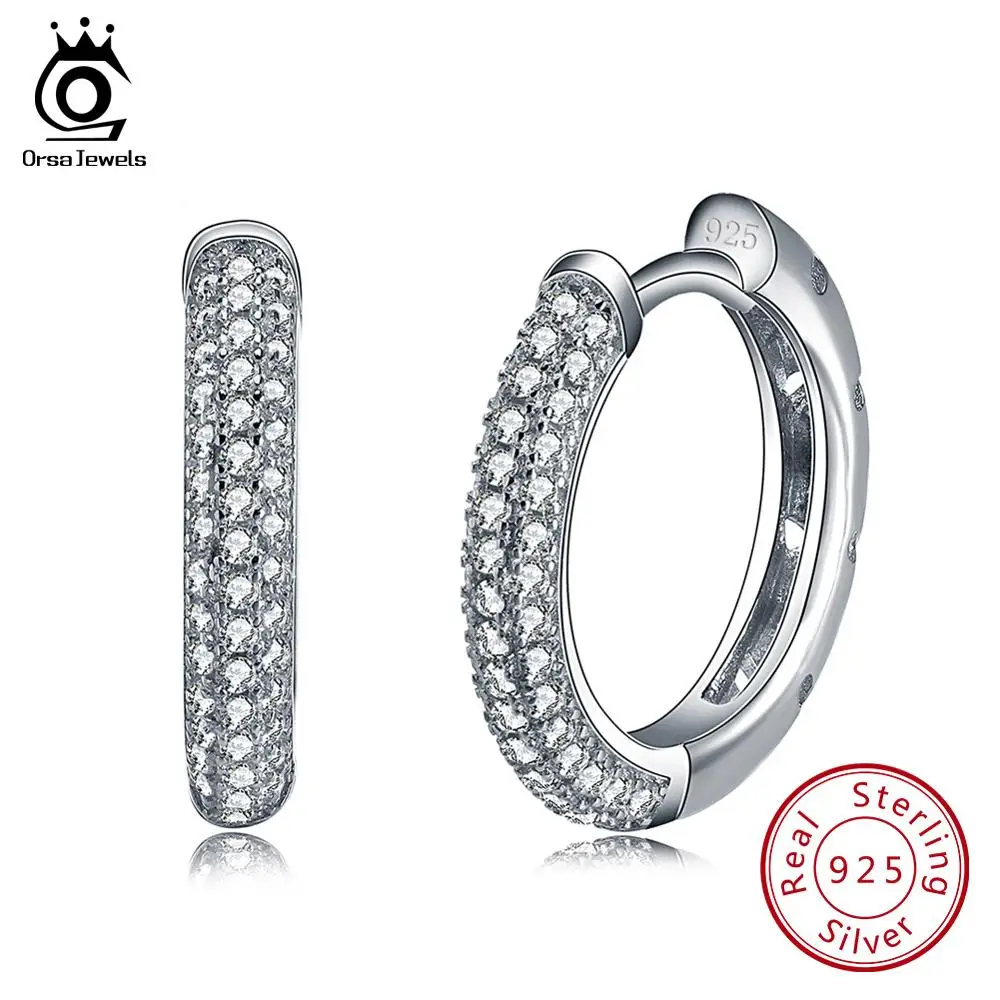Silver Color ORSA JEWELS, женские серьги-кольца, 90 шт., австрийский кубический цирконий, трендовые 925 пробы, серебряные серьги с 3 рядами циркония, дизайн RSE19 - Цвет камня: Silver Color