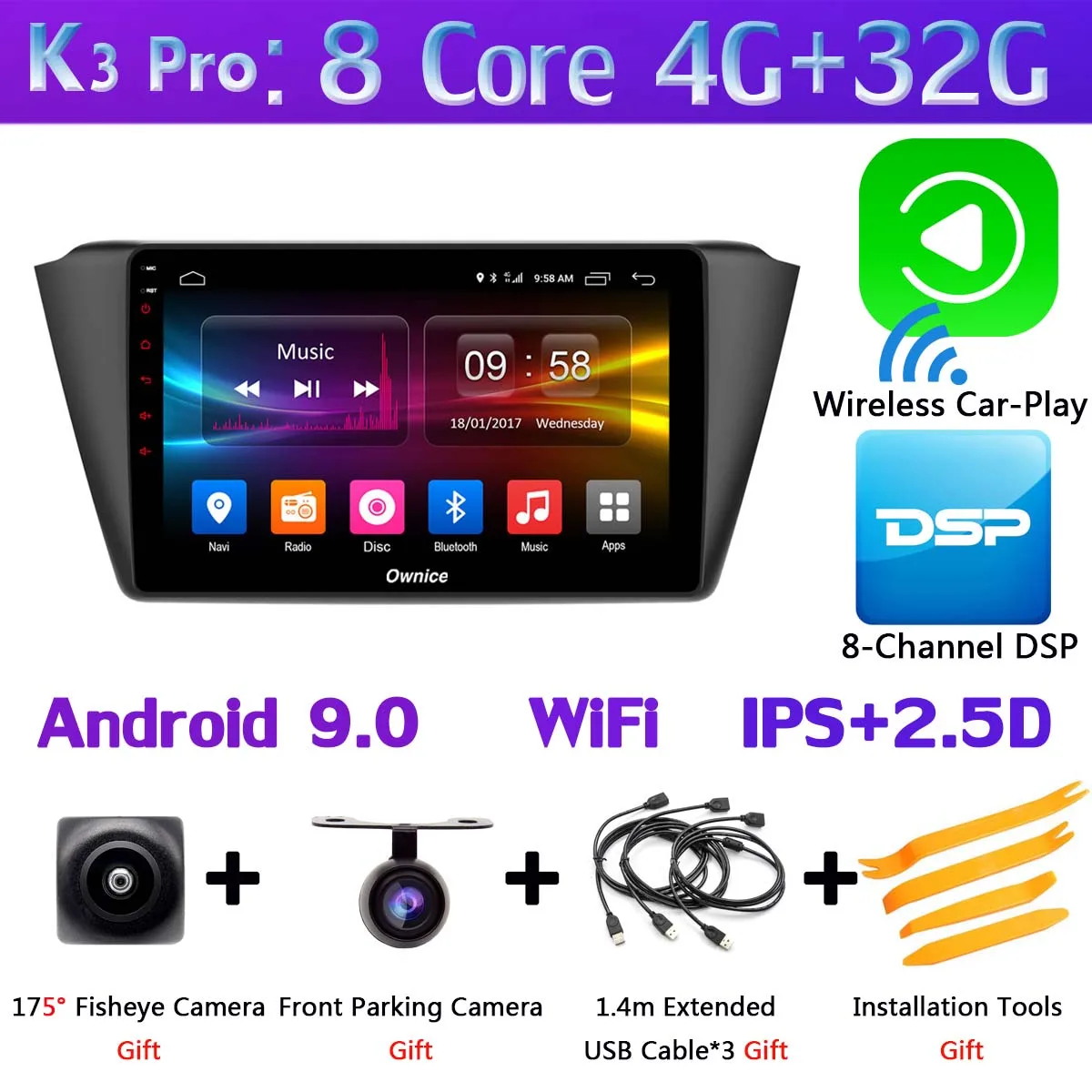 360 ° ×AHD панорамная камера 4G LTE Android 9,0 4 Гб+ 64 Гб DSP CarPlay Автомобильный gps радио плеер для Skoda Fabia mk3 - Цвет: K3 Pro CarPlay