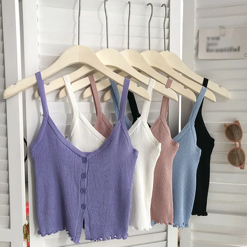 

Women's Fashion V-neck Solid Sling Top Clothes Ladies Sexy Slim Navel Knitted Camisole Tank Tops