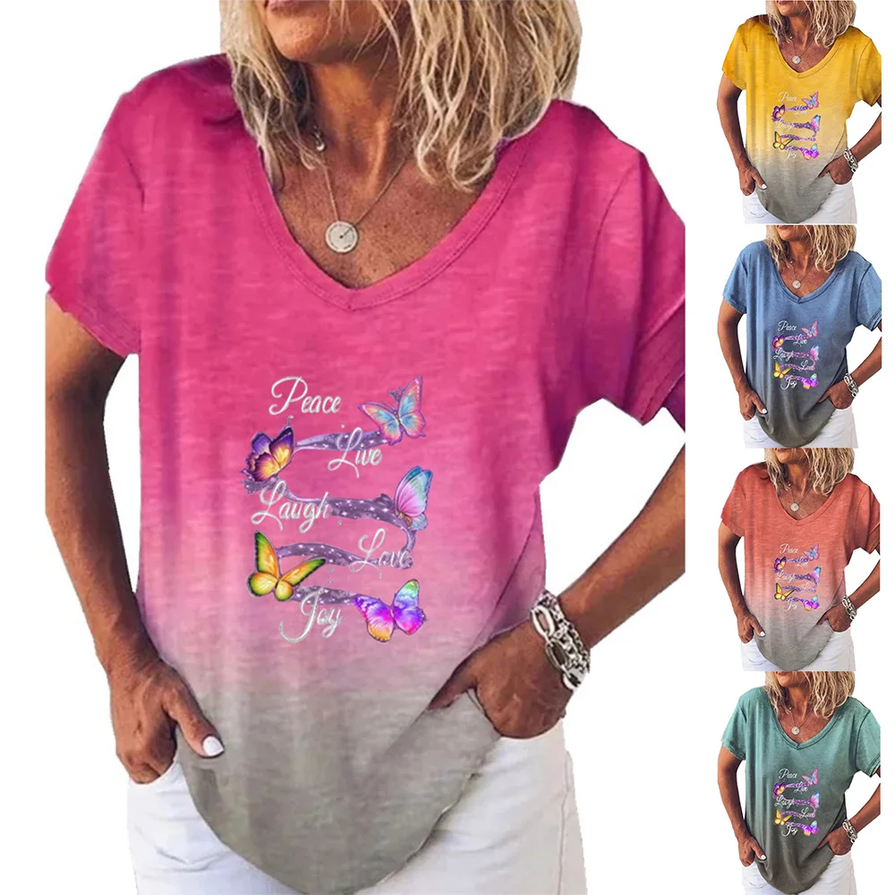 

Womens Loose Tees Oversize Short Sleeve V-Neck T-Shirt Gradient Butterfly Letter Printed Basic Tops Casual Summer