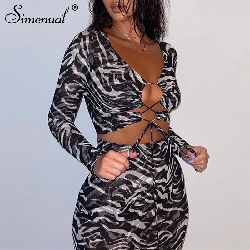 

Simenual Printing Transparent Drawstring Lace Up 2 Piece Sets Mesh Top And Mini Skirt Sexy Hot Bodycon Co-ord Outfits Fall 2021