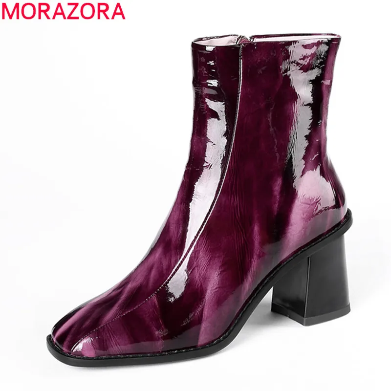 

MORAZORA 2021 Big size 34-43 genuine leather high heels boots fashion square toe zipper ankle boots for woman gray green