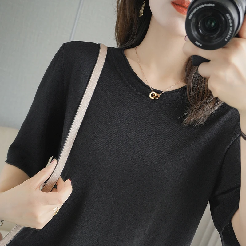 

Half-sleeved cotton women's round neck solid color hedging Slim knit short style all-match bottoming pullover women