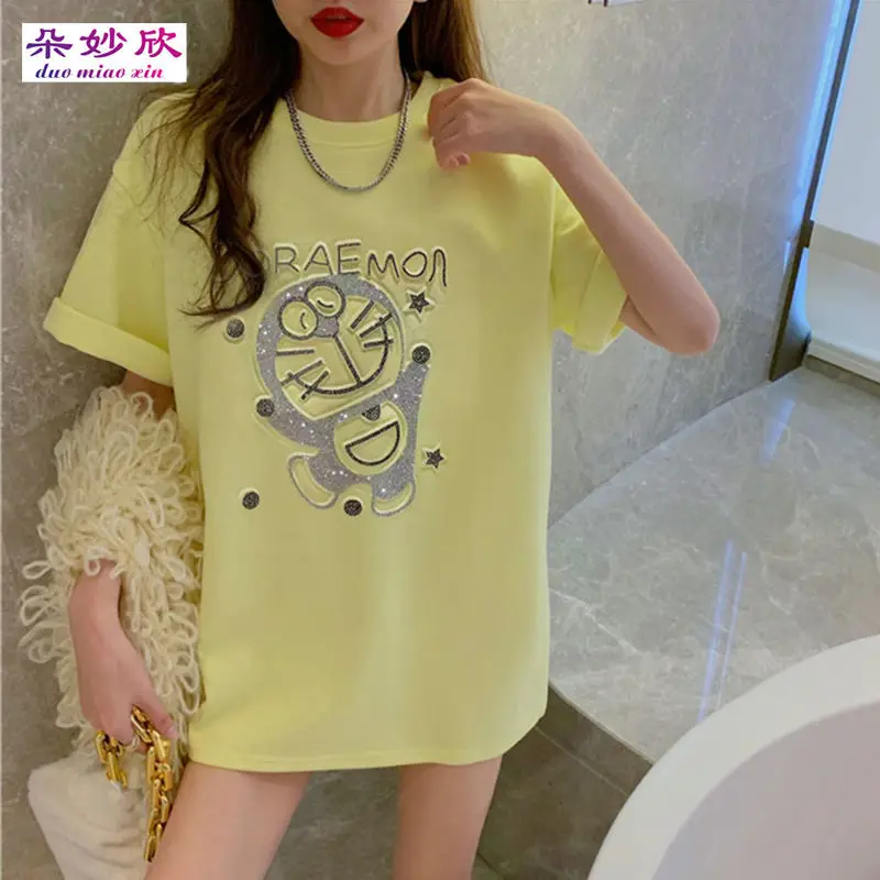 

White Short Sleeve T-shirt Women's Loose Cotton Student Top Hot Drill