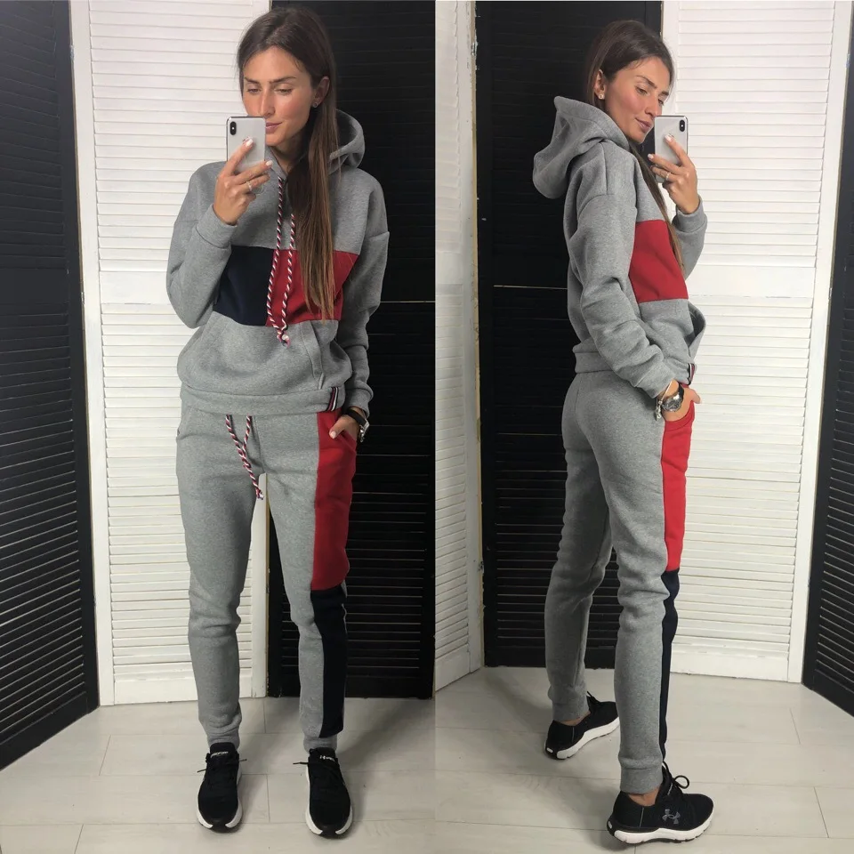 

Donsignet Fashion Women's Suit Casual Hooded Collar Pullover Geometric Stitching Conventional Trousers Sports Two-piece Suit