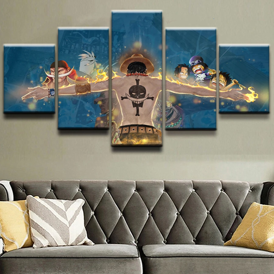 

Canvas Home Decor Modular Wall Art Picture Frame 5 Pieces Anime One Piece Fire Fist Ace Painting Living Room HD Printed Poster
