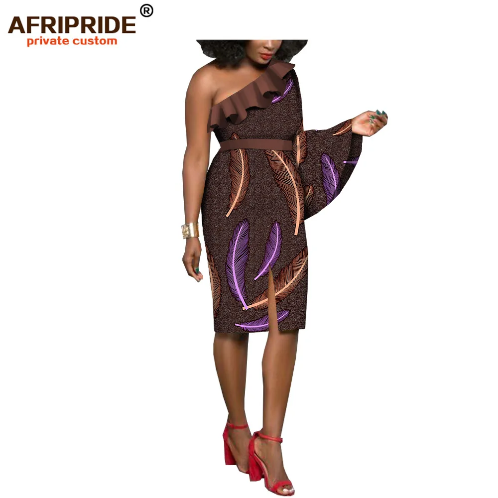 

2019 summer african dress for women AFRIPRIDE tailor made one shoulder flare sleeve knee length split women batik dress A1825082