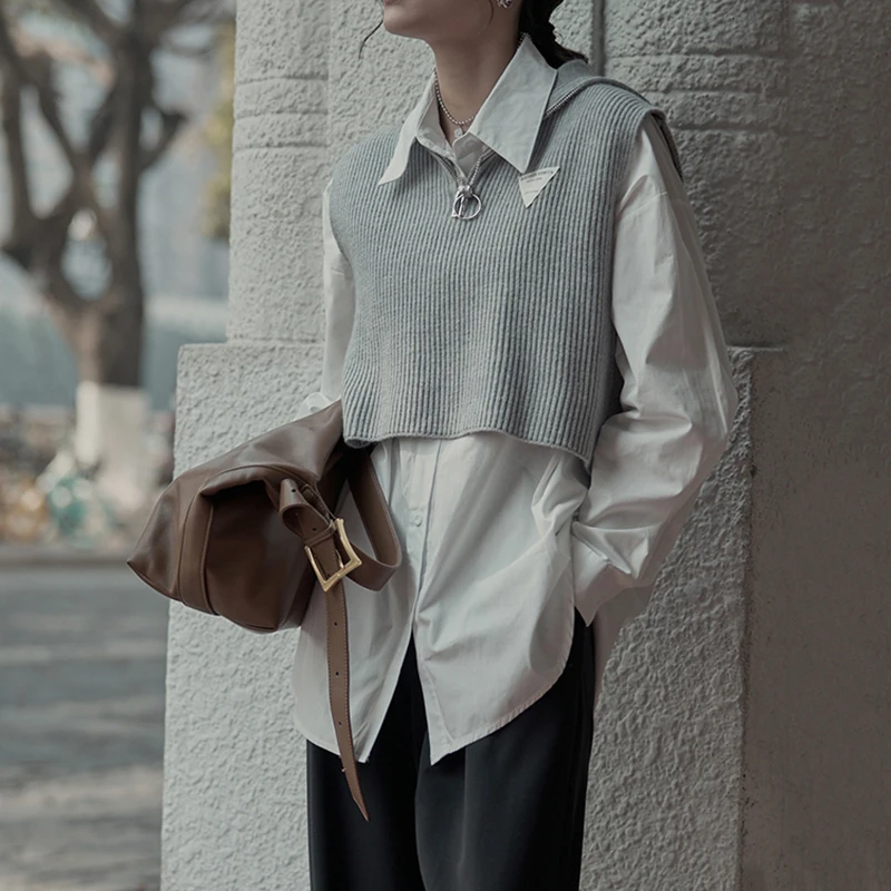 

[EAM] Women Black Knitting Irregular Big Size Blouse New Lapel Long Sleeve Loose Fit Shirt Fashion Spring Autumn 2021 1DD5693