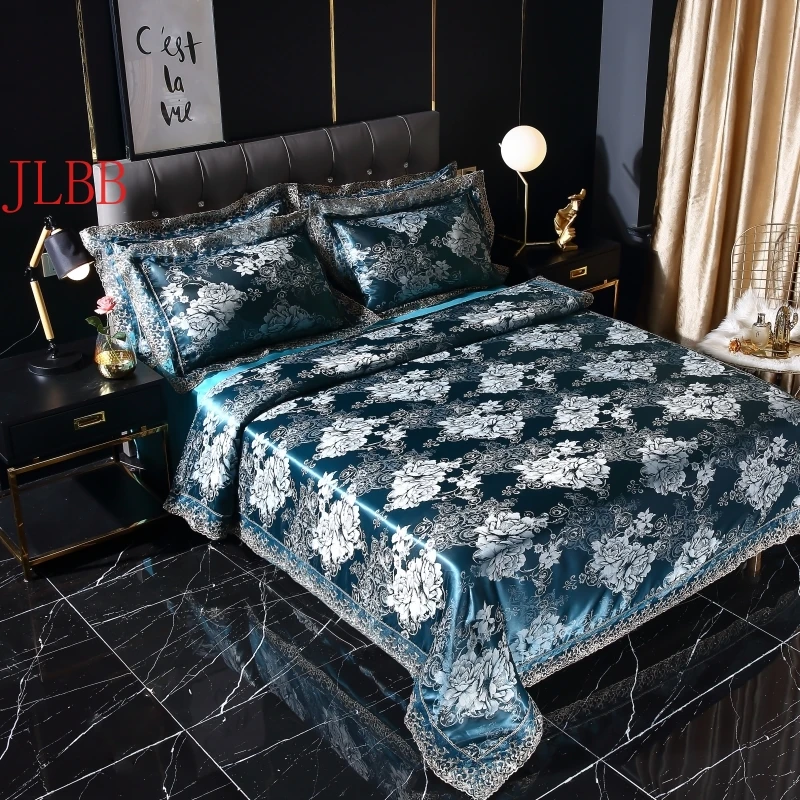 

2020 golden Jacquard bedding set Lace duvet cover +flat sheet +pillowcase 4pcs bed linen European luxury scallop bed cover set