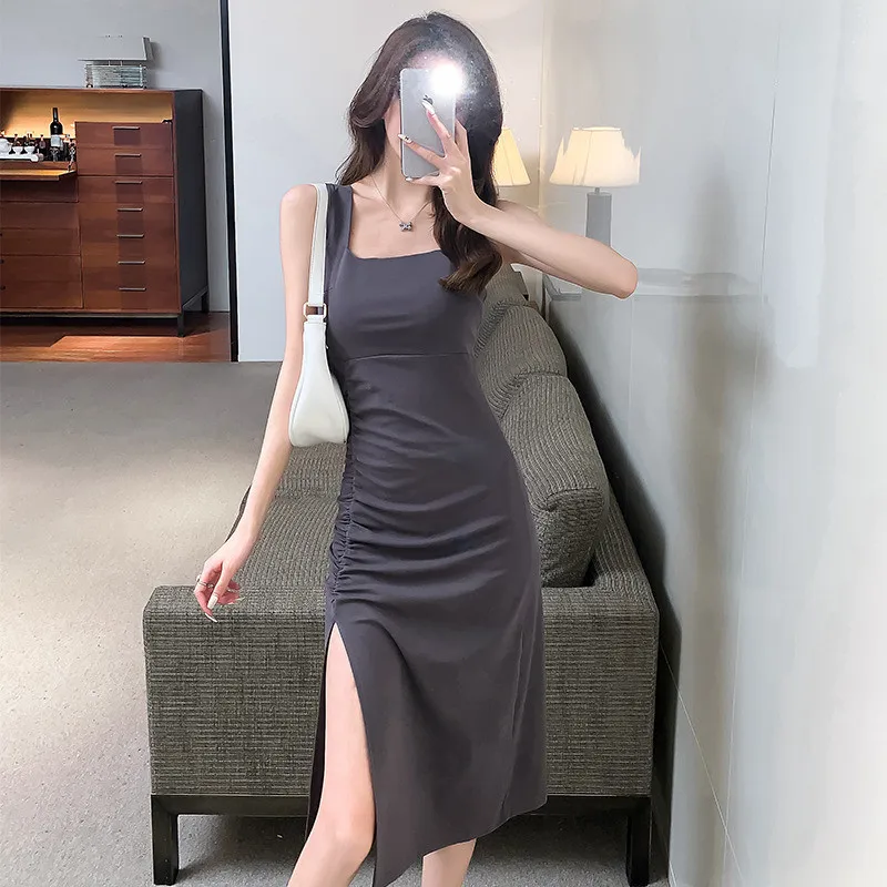 

Limiguyue Sexy Pleated Split Dress Summer Slim Waist Vestidos Spaghetti Strap Women Dresses Club Bodycon One-piece Dress K2363